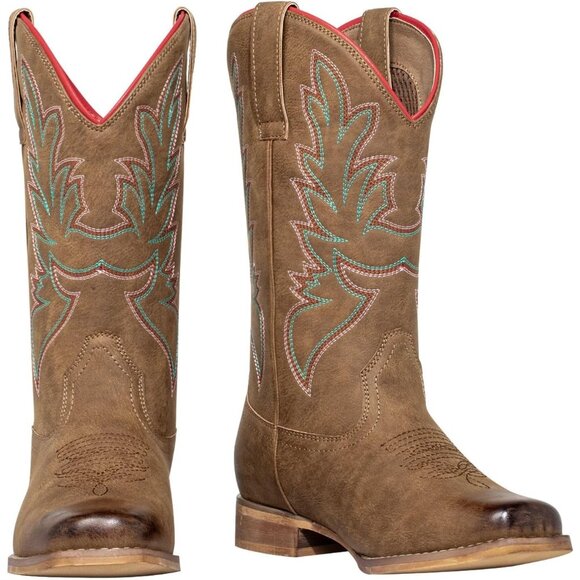 Women's Brown Square Toe Mid Calf Pull On Fashion Embroidered Western Boots - Picture 5 of 9